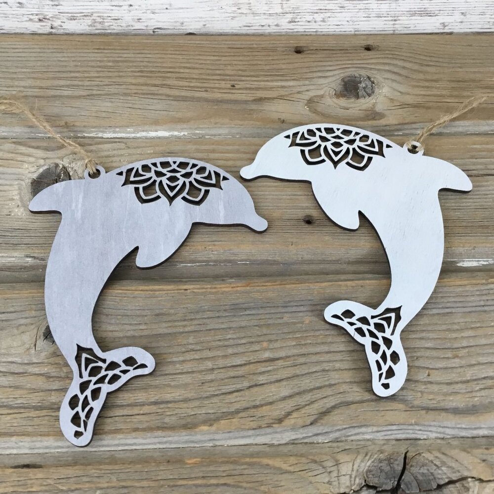 2 Laser Cut Dolphin Wood Ornaments With Mandala Design